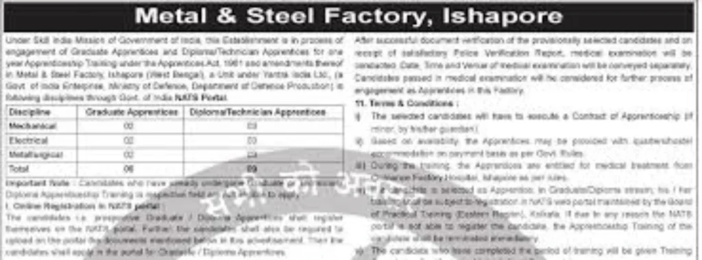 Metal and Steel Factory Ishapore Recruitment 2024